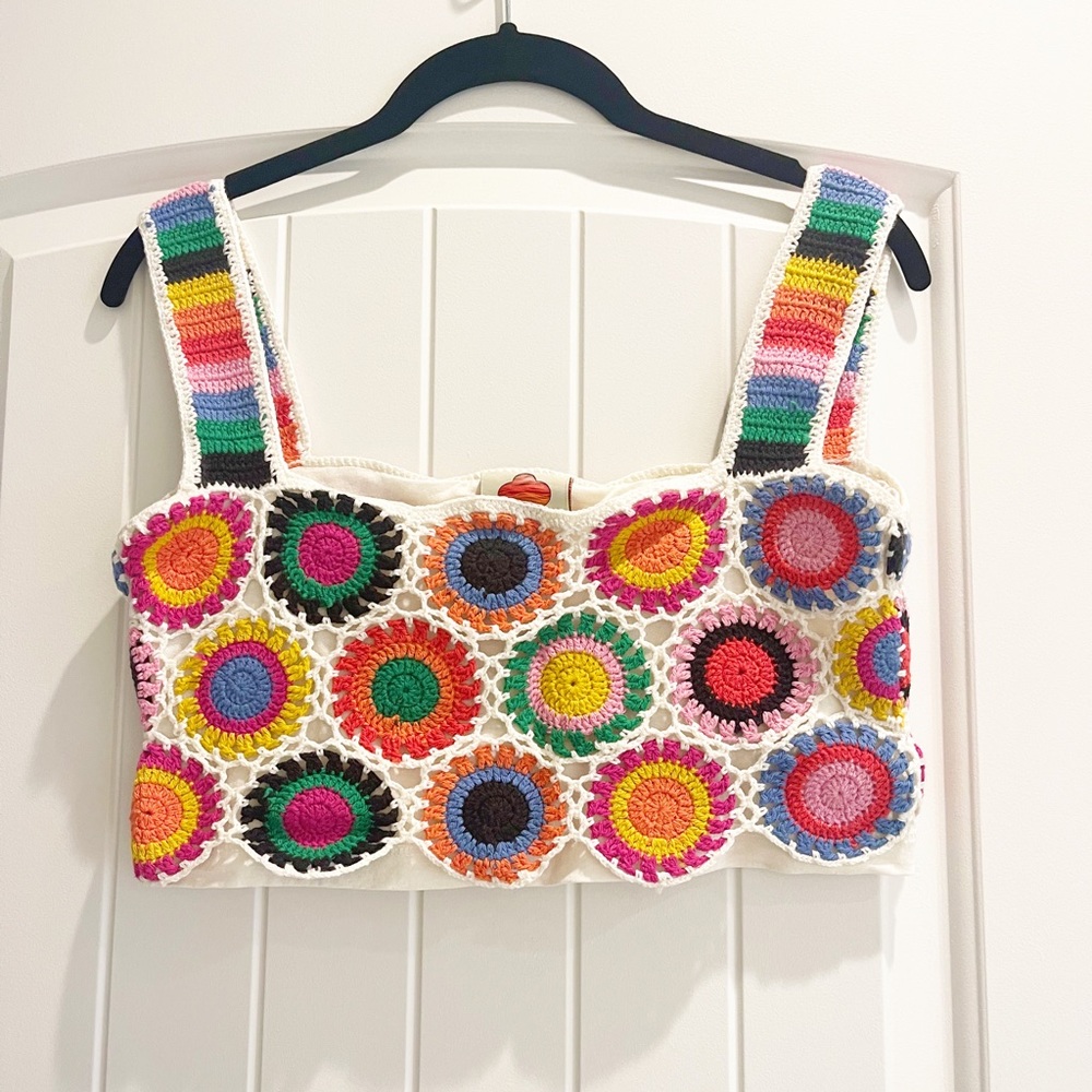 Farm Rio RAINBOW FUN KNIT COTTON CROP TOP IN MULTI NWOT Size Small